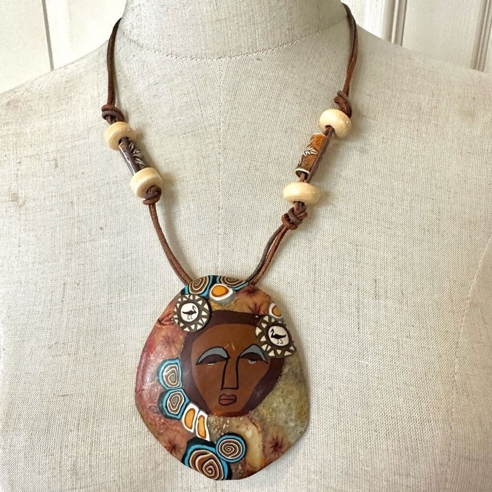 African lady hand painted pendant/brooch beaded necklace